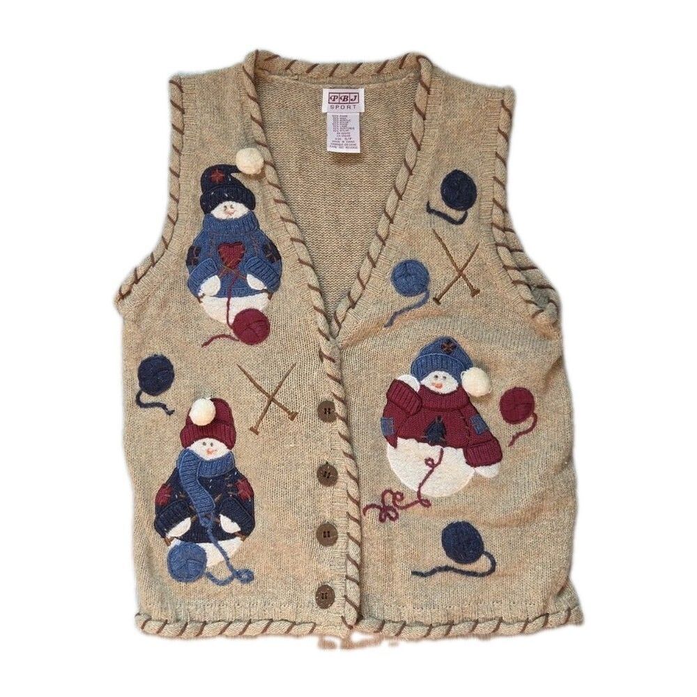 VTG PBJ Sport Snowman Sweater Vest Women S Ramie Wool Button Front Christmas GUC